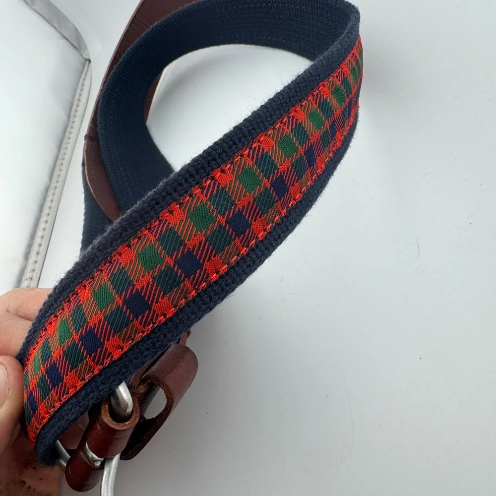 J.Crew Mens 32 Navy Blue Red Tartan Plaid Leather Canvas Belt K4680